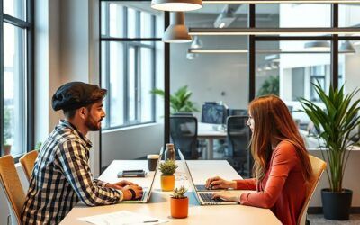 Two people sitting at a desk in office