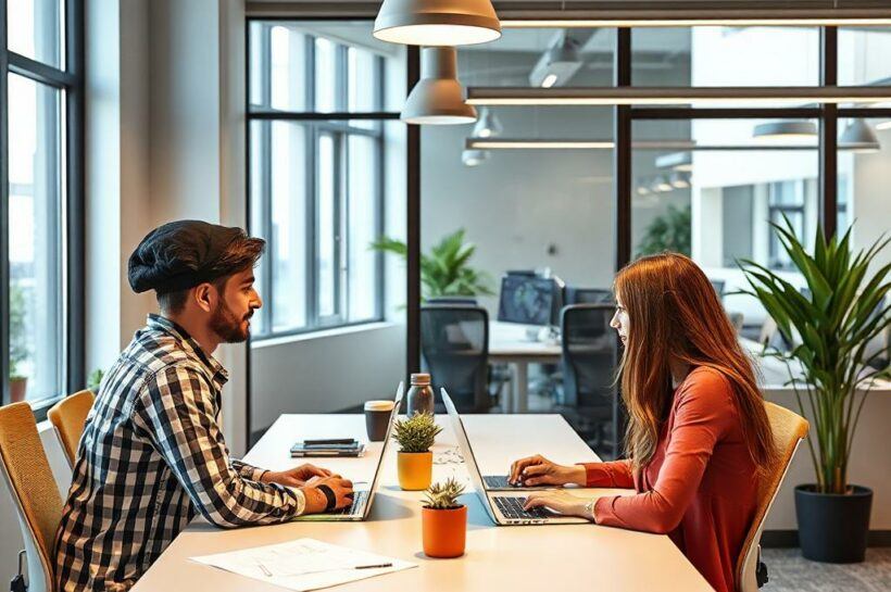 Two people sitting at a desk in office