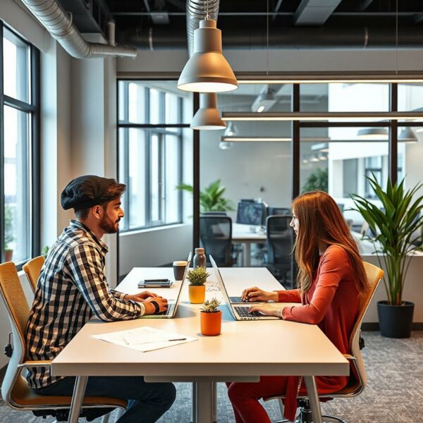 Two people sitting at a desk in office